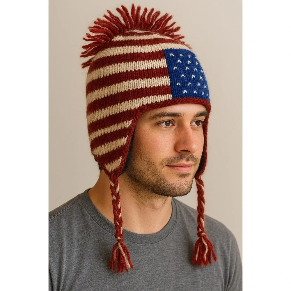 100%‎ Wool Winter Hat USA American Flag Mohawk Fringe Made In Nepal #48
